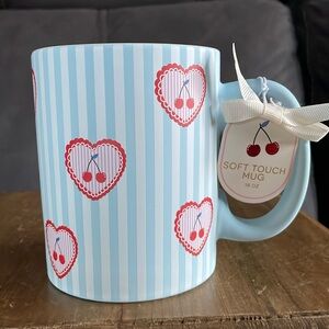 Sunday Morning Ceramics Red Heart Light Blue White Stripes Soft Touch Coffee Mug